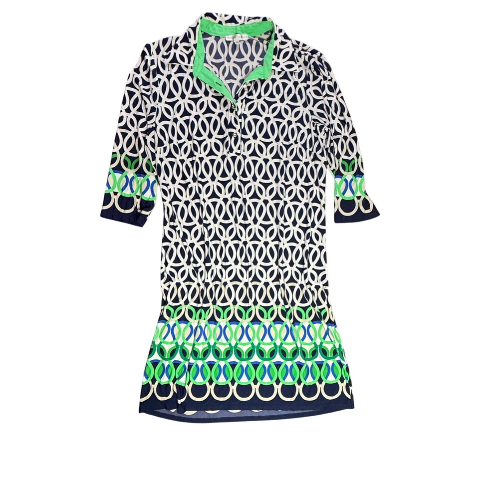 Sandra Darren Geometric Print Dress Green Blue White Career‎ Casual